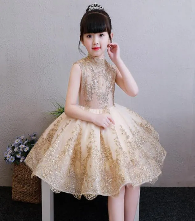 Elegante abito da ragazza di fiore in tulle dorato, abito da spettacolo per bambini, abito da sposa principessa, senza maniche, abiti da prima comunione 114T9212242