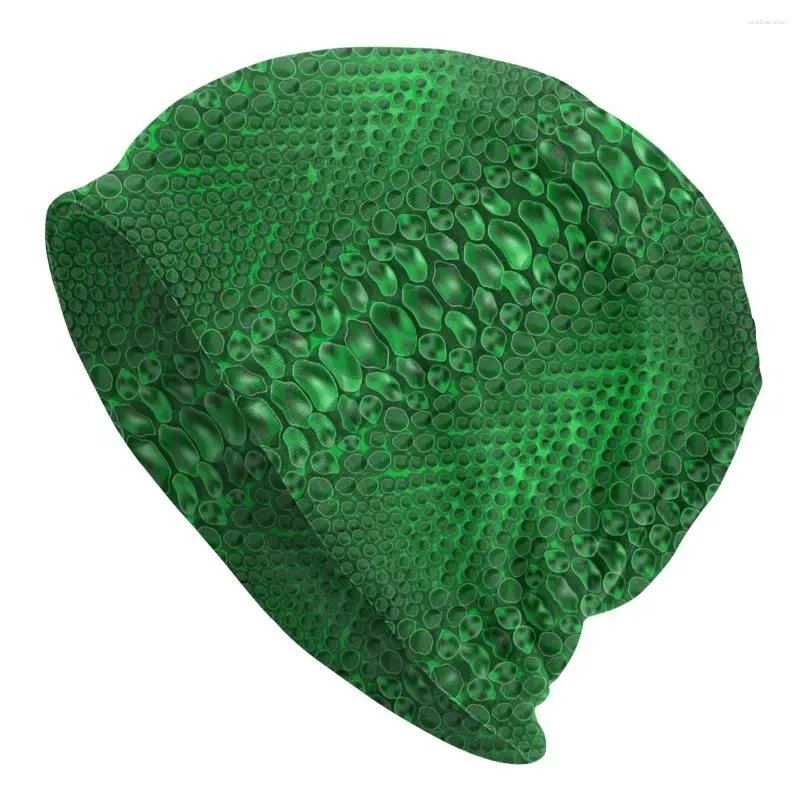 Boinas Gorro con estampado de piel de serpiente verde Gorros de punto Hombres Mujeres Fresco Unisex Textura de piel de serpiente Cálido Invierno Skullies Gorros Gorra