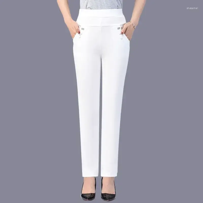 Calças femininas moda coreana primavera verão mulheres balde reto pequeno pé lápis cintura alta botão sólido casual calças soltas e44