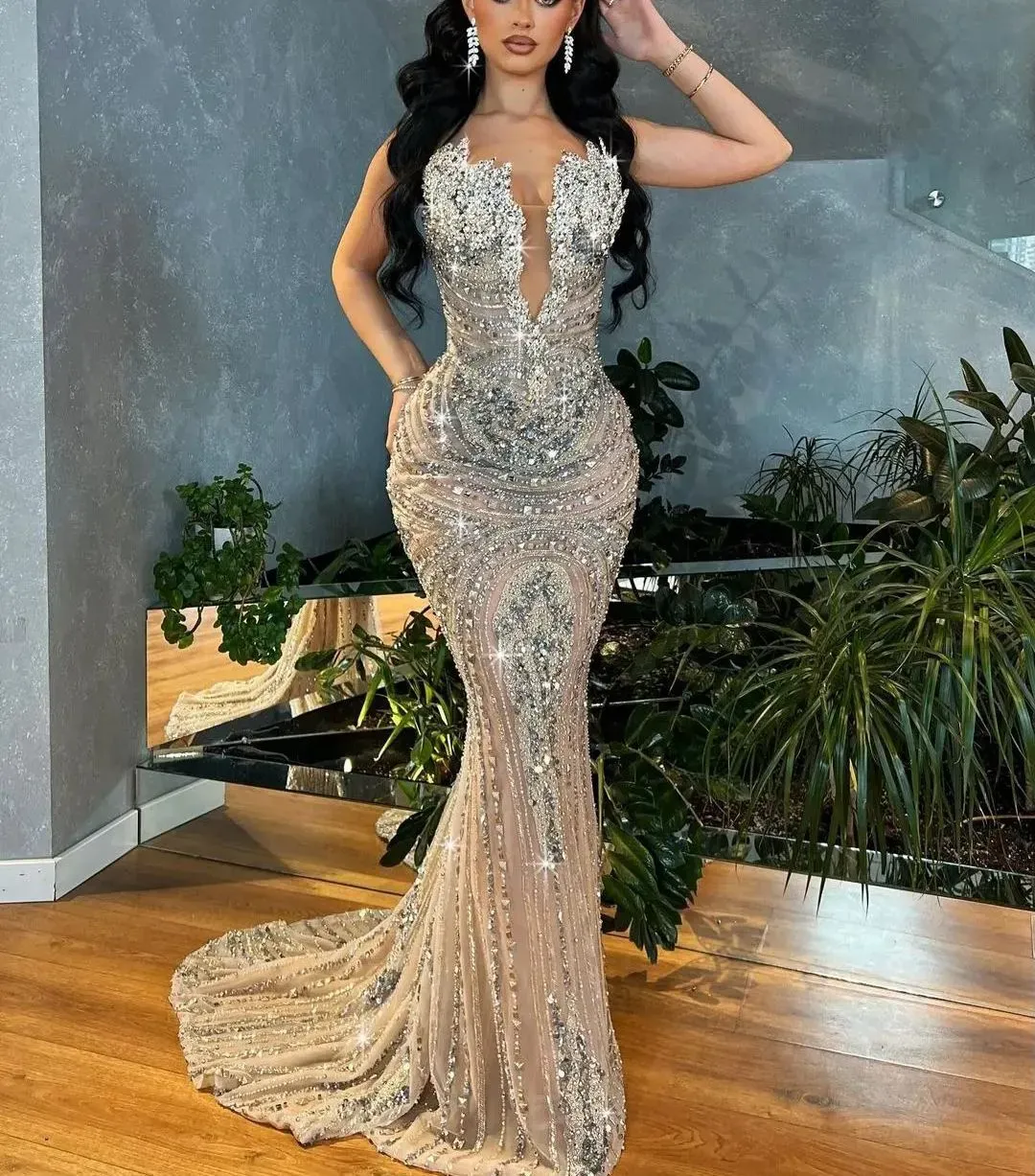 dhgate mermaid prom dresses Custom-made Mermaid sparkly Mermaid prom dress with V-Neck, Appliques, Sequins, Beading, 3D Lace, Hollow Design, Floor-Length, and Diamond Accents