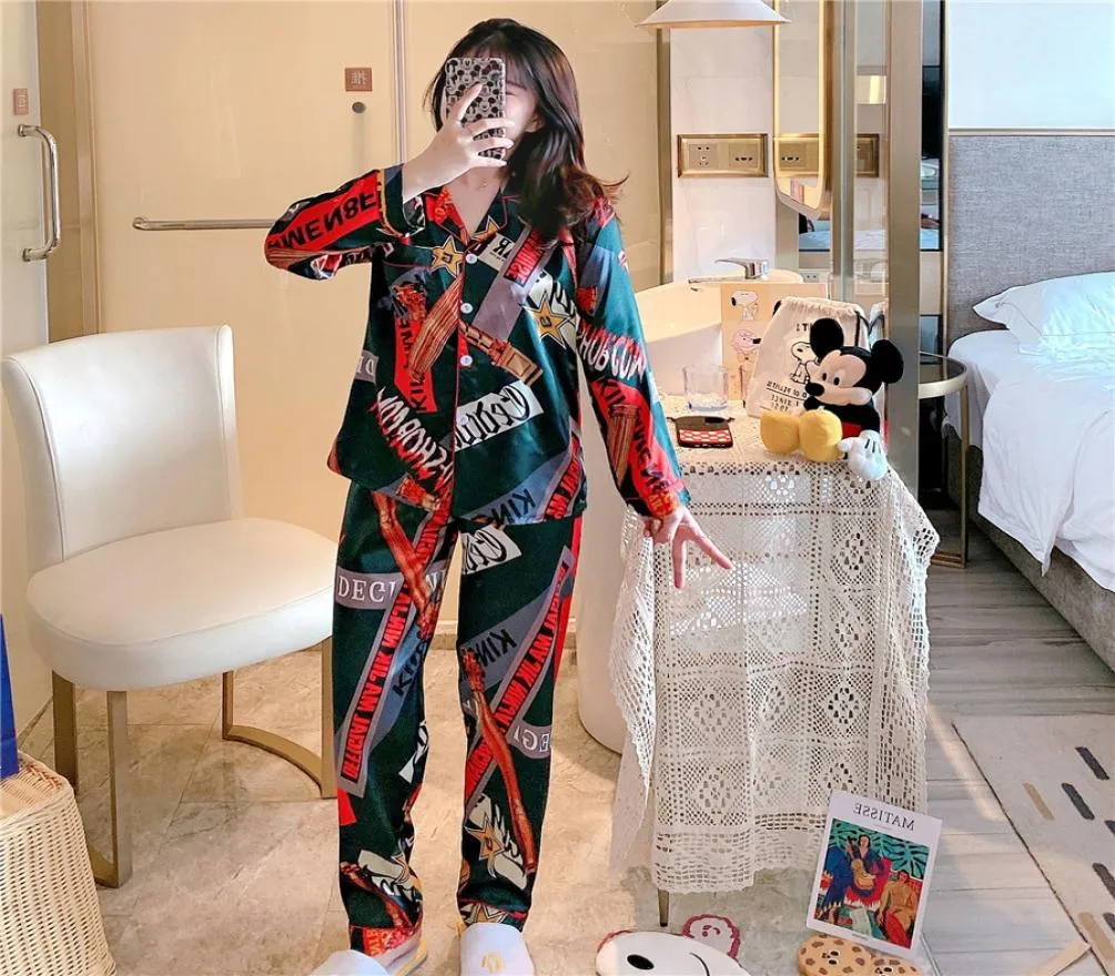 Flower Printed Sleepwear Womens Couple Pajamas Pijamas Women Satin Pyjama Woman Home Wear Silk Pyjama Set Home Suit Big Size Drops3553078