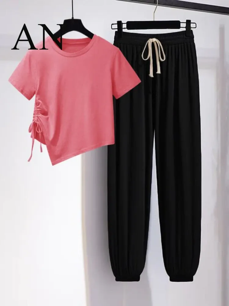 Capris Casual Sports Suit Women's Loose Solid Color Round Neck Short Sleeve Tshirt + High Waist and Wide Leg Pants Twopiece Set