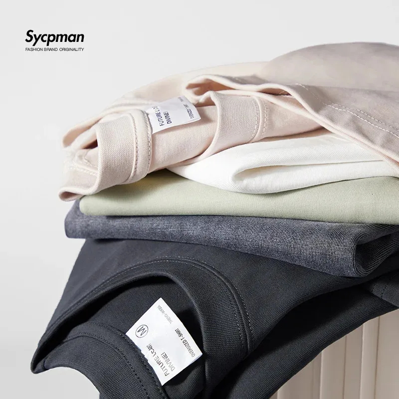 Sycpman 300 grammes 1058oz surdimensionné lâche poids lourd coton couleur unie épaule tombante manches courtes t-shirt hommes pour l'été 240227