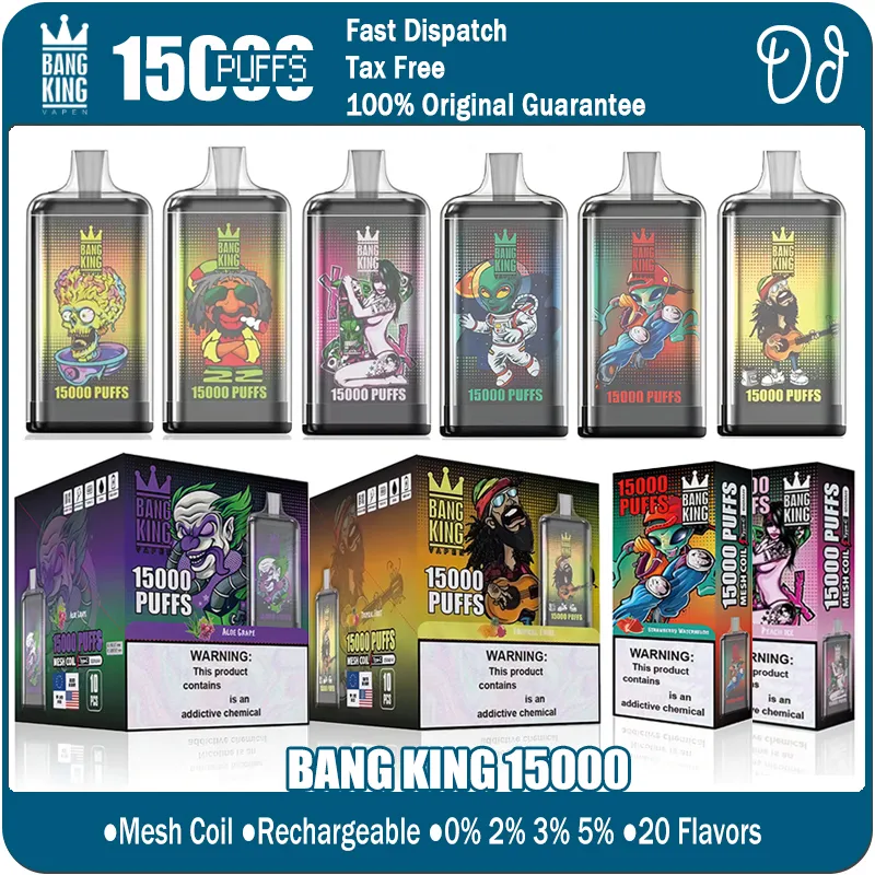 Original Bang King 15000 Puffs Einweg-Vapes Puff 15K Mesh Coil wiederaufladbare E-Zigaretten 25 ml vorgefüllte Karren 650 mAh Batterie 0 % 2 % 3 % 5 % Vaper 10 Geschmacksrichtungen