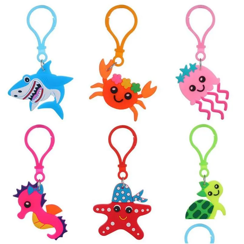 Jóias bonito pvc animais marinhos chaveiro crianças jóias dos desenhos animados tubarão caranguejo tartaruga forma chaveiro carro chave titular mochila saco charme acce dhkmk