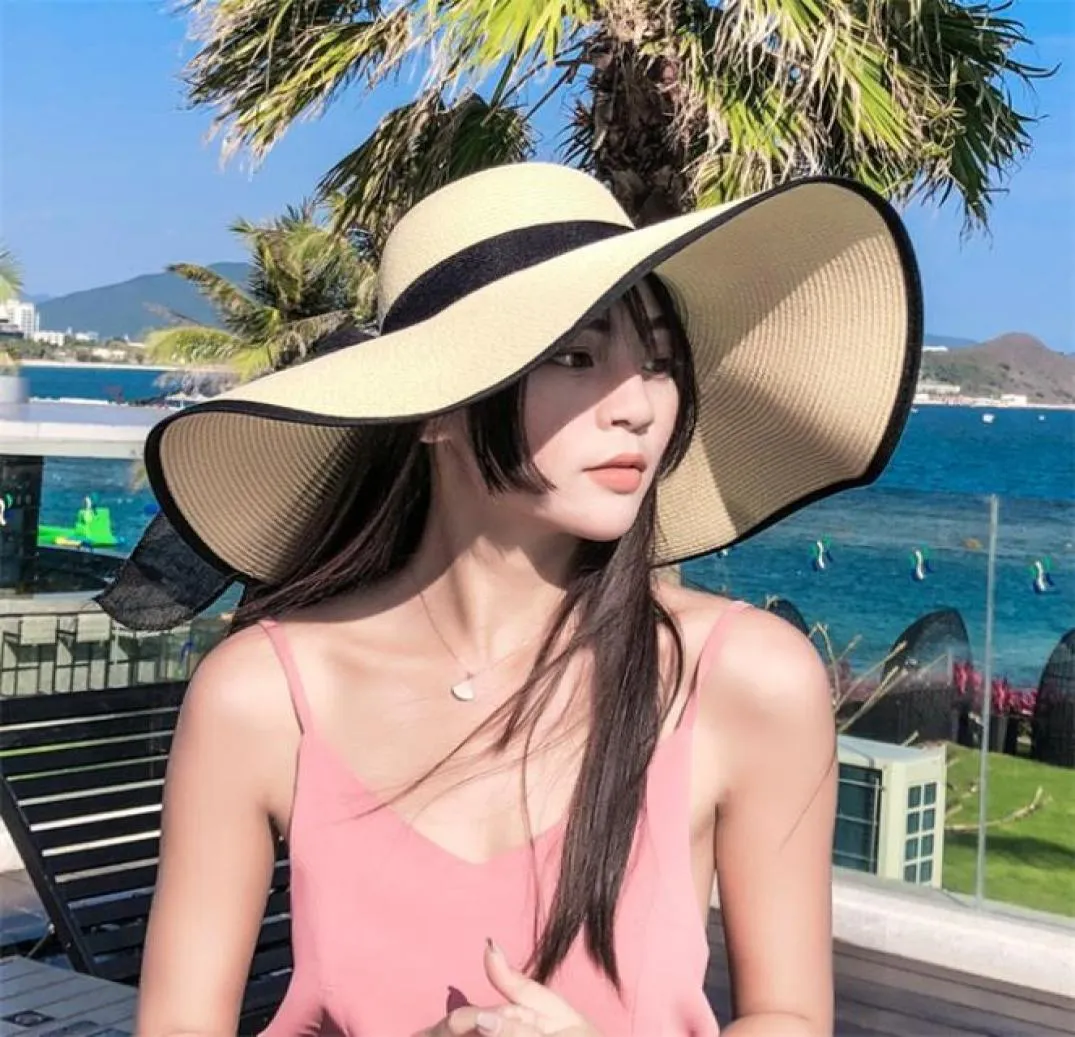 Mody kapelusz kobiet039s wiosna letnia słoma słoma kapelusz składany plażę elegancką ochronę słońca szerokie czapki rdzeniowe wielkie krawędź słoneczne hat2207713