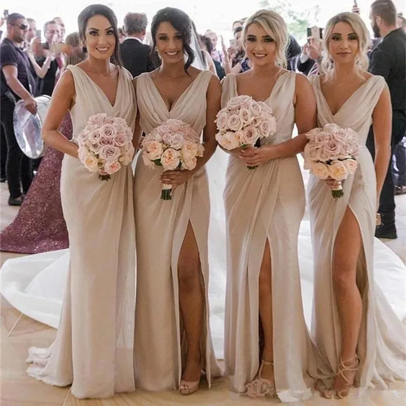 in Stock V Neck Long Bridesmaid Dresses Sexy Side Split Chiffon Formal  Party Gowns Vestido Da Dama De Honra Fast Del Custom BM Estido Ma L Estido  Ma L