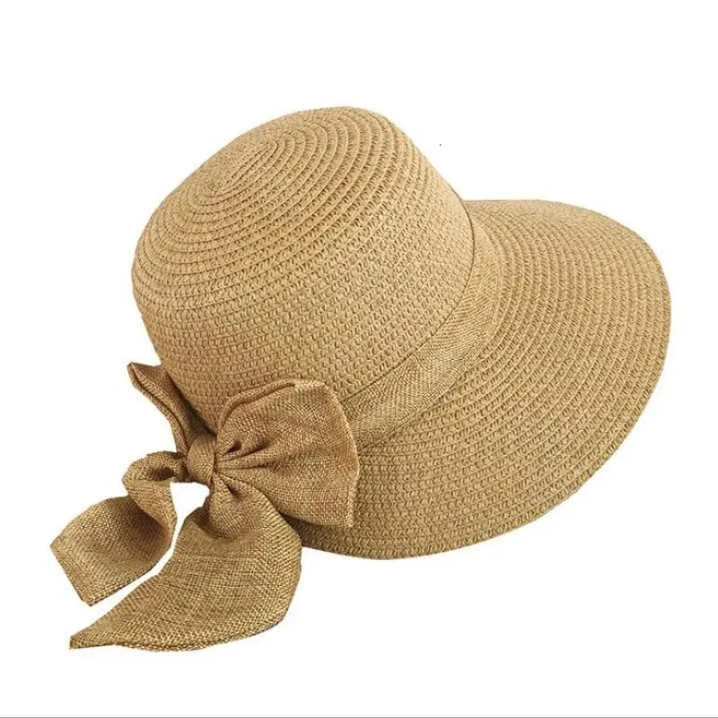 Women Sun Hat Big Bow szerokie grzbiet wiążące letnie czapki dla kobiet plażę Panama Słomy wiadra ochronę przeciwsłoneczną Visor Femme Cap 240220