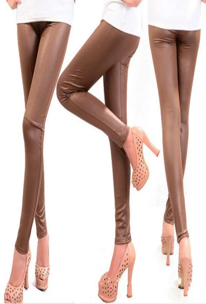 Calças femininas de couro pu, cintura alta elástica, leggings sem rachaduras, calças de couro slim, calças de lã, moda feminina 9734455