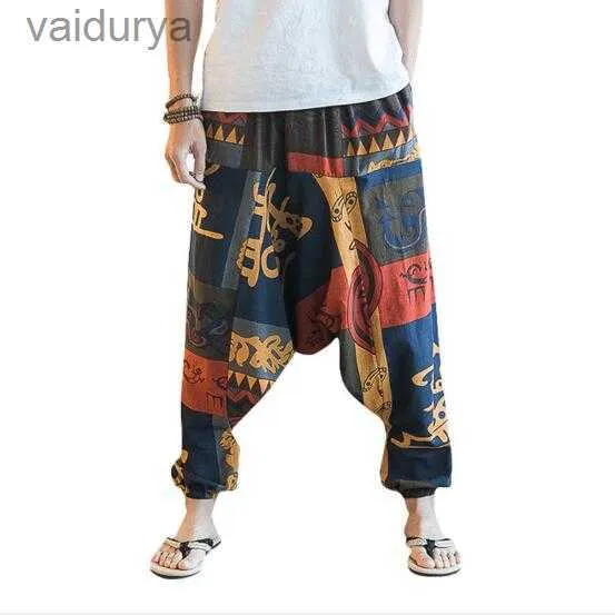 Men's Baggy Cotton Linen Harem Plus Size Wide Leg Trousers Boho Cross-pants 240308