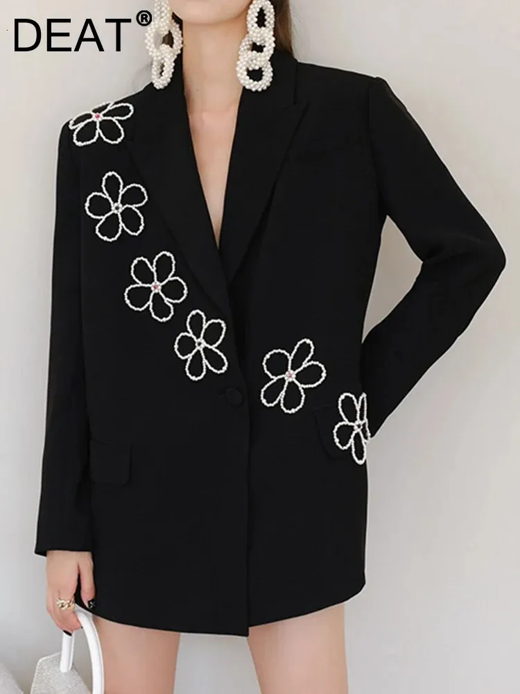 DEAT Moda Donna Blazer Colletto dentellato Sciolto ricamato Flares Fiore Perle Nero Giacche da abito Primavera 2024 17A5298 240306