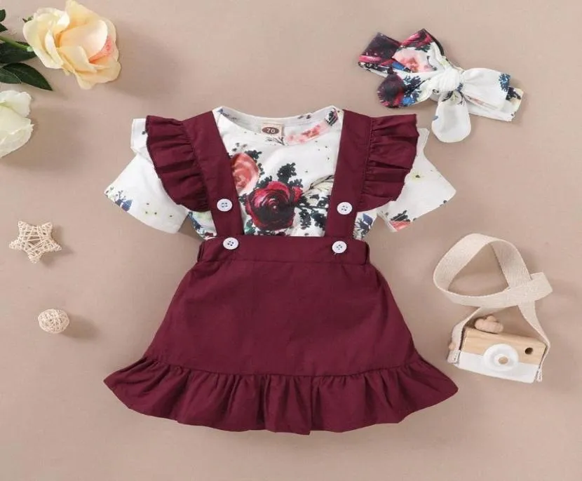 Ubrania niemowlęta nowonarodzone letni kwiatowy nadruk z krótkim rękawem BodysuitSspender spódtne opaski Kawaii Bave Girl Outfits 7dd7844106