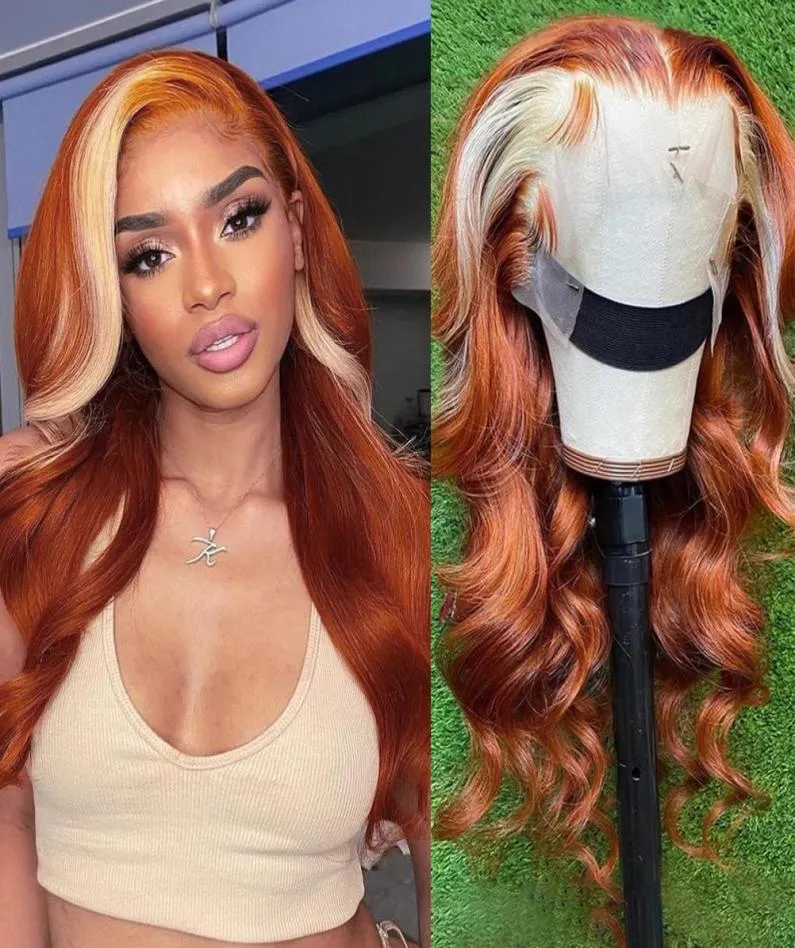 30 Inch Ginger Brazilian Wigs Highlight 613 Honey Blonde Body Wave HD Lace Frontal Transparent Lace Front Wig Synthetic Hair For W7679895