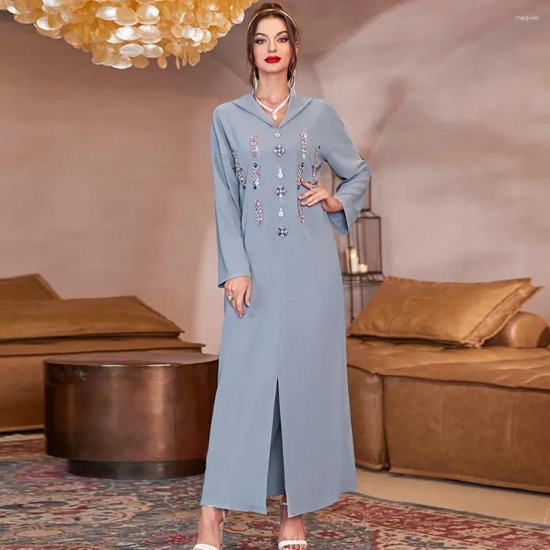 Etniska kläder diamanter Abaya Dubai Turkiet Kaftan Women Muslim Maxi Dress Hooded Evening Party Dresses Islamic Marockan Robe Arab Gown