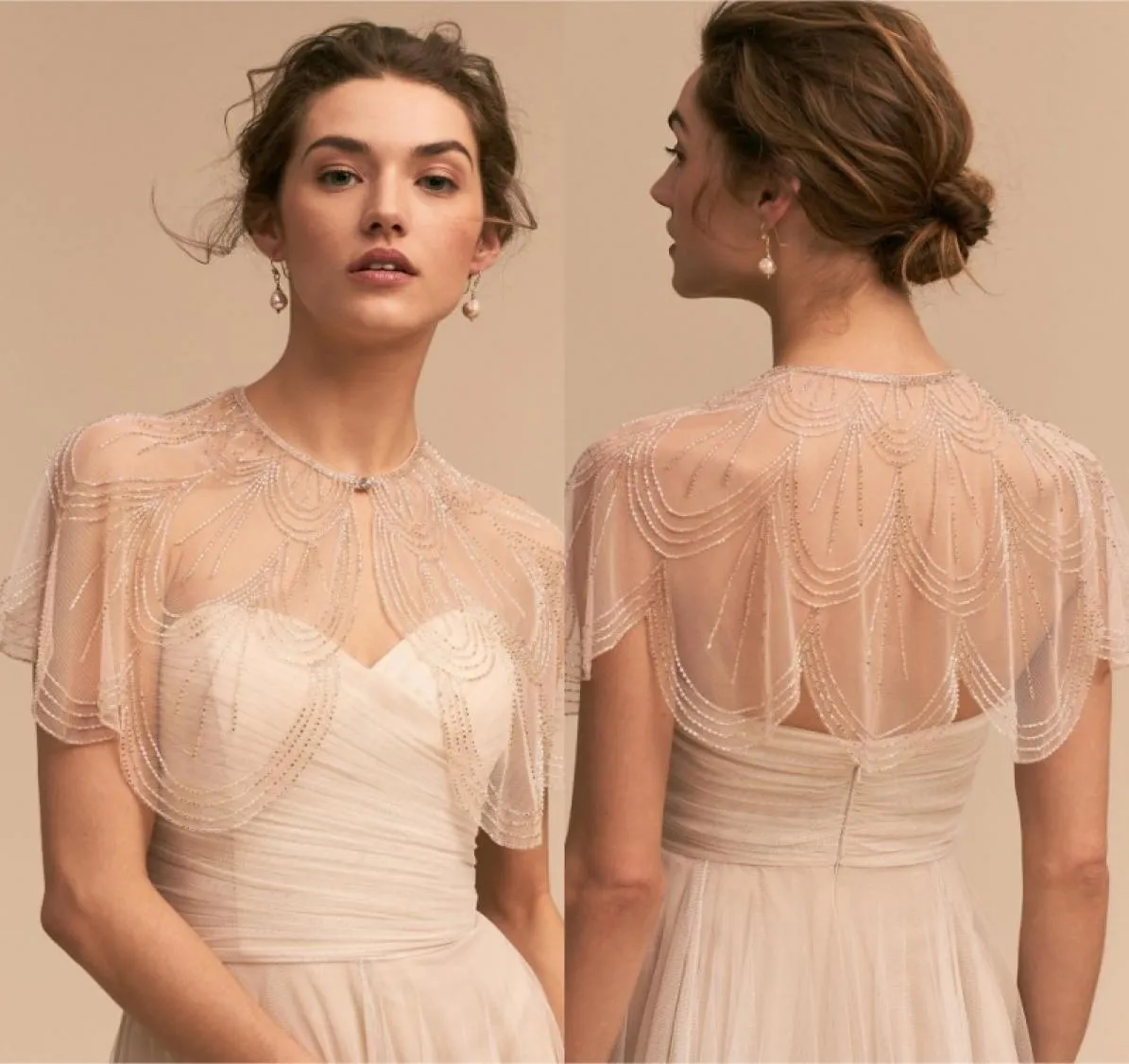 BHLDN Дизайнерские свадебные куртки с бисером и жемчужным вырезом Короткие свадебные накидки Пальто Накидки цвета слоновой кости Куртка-болеро с запахом на заказ3174543