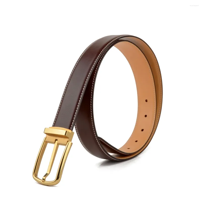 Bälten Donnain Men Natural Cowhide Leather Simple Modern Gold Metal Buckle Justerable Suit Belt Man Accessories Brown White Line