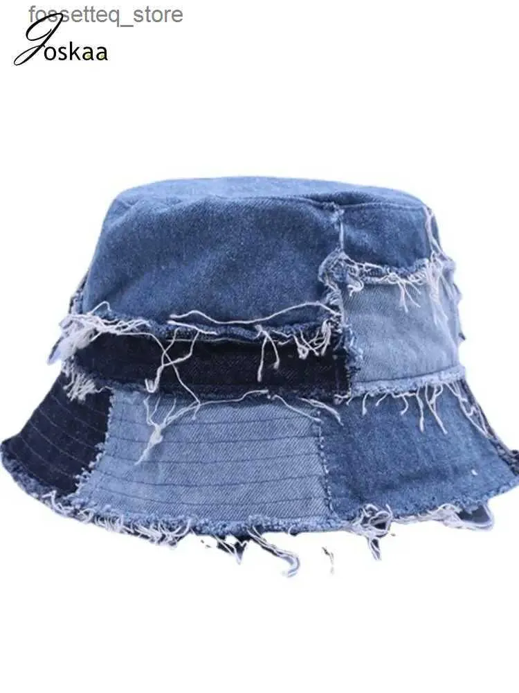 Breda randen hattar hink hattar jokaa unik tiggare y2k denim lapptäcke fiskare hatt 2023 mode semester casual contrast color gata hink hattar sommar l240305