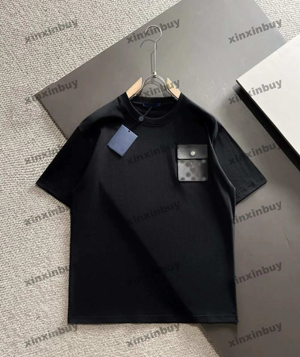 Xinxinbuy Men Designer Tee Tシャツ2024レザーポケット短袖コットン女性グレーブラックアプリコットグリーンS-2xl