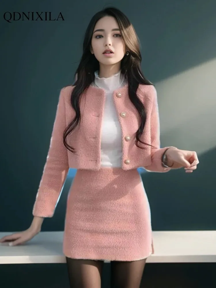 Nella moda coreana set gonna a due pezzi per le donne outfit casual dolce chic elegante tweed donna set di abiti abbinati 240223