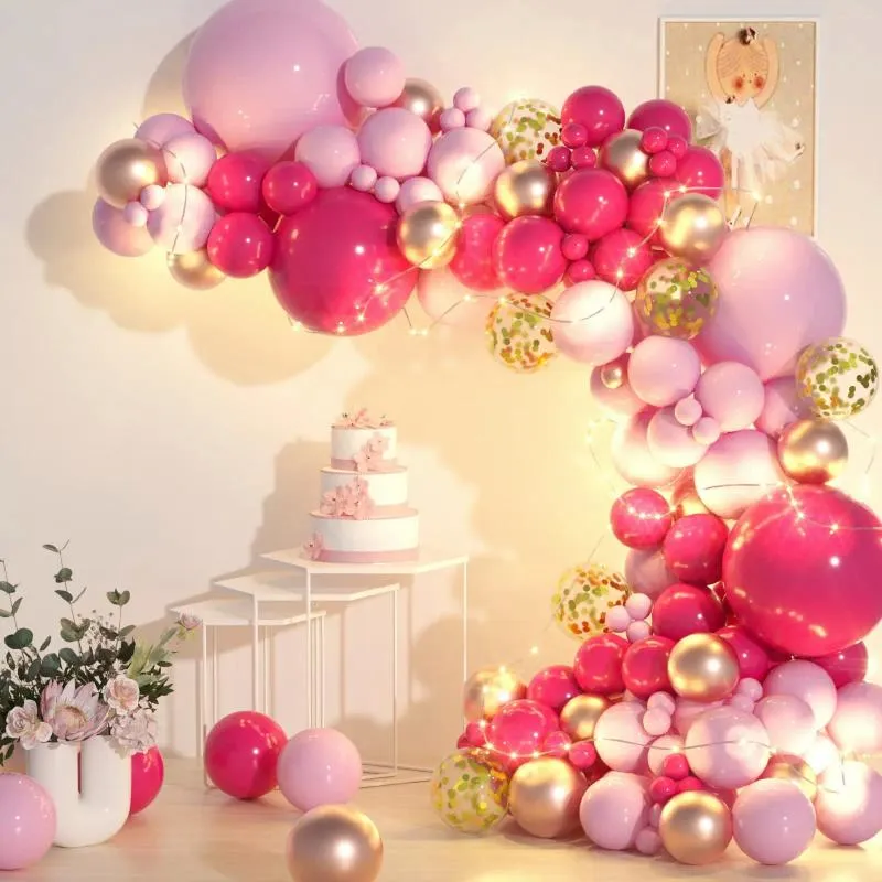 Decoração de festa 139 pcs rosa rosa colorido metálico confete balão guirlanda arco conjunto luz quente meninas aniversário casamento pano de fundo