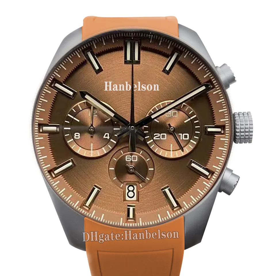 Brown Mens watch Japan vk63 Quartz movement Chronograph Wrist Watches Mint green dial Steel strap Sports clock 44mm