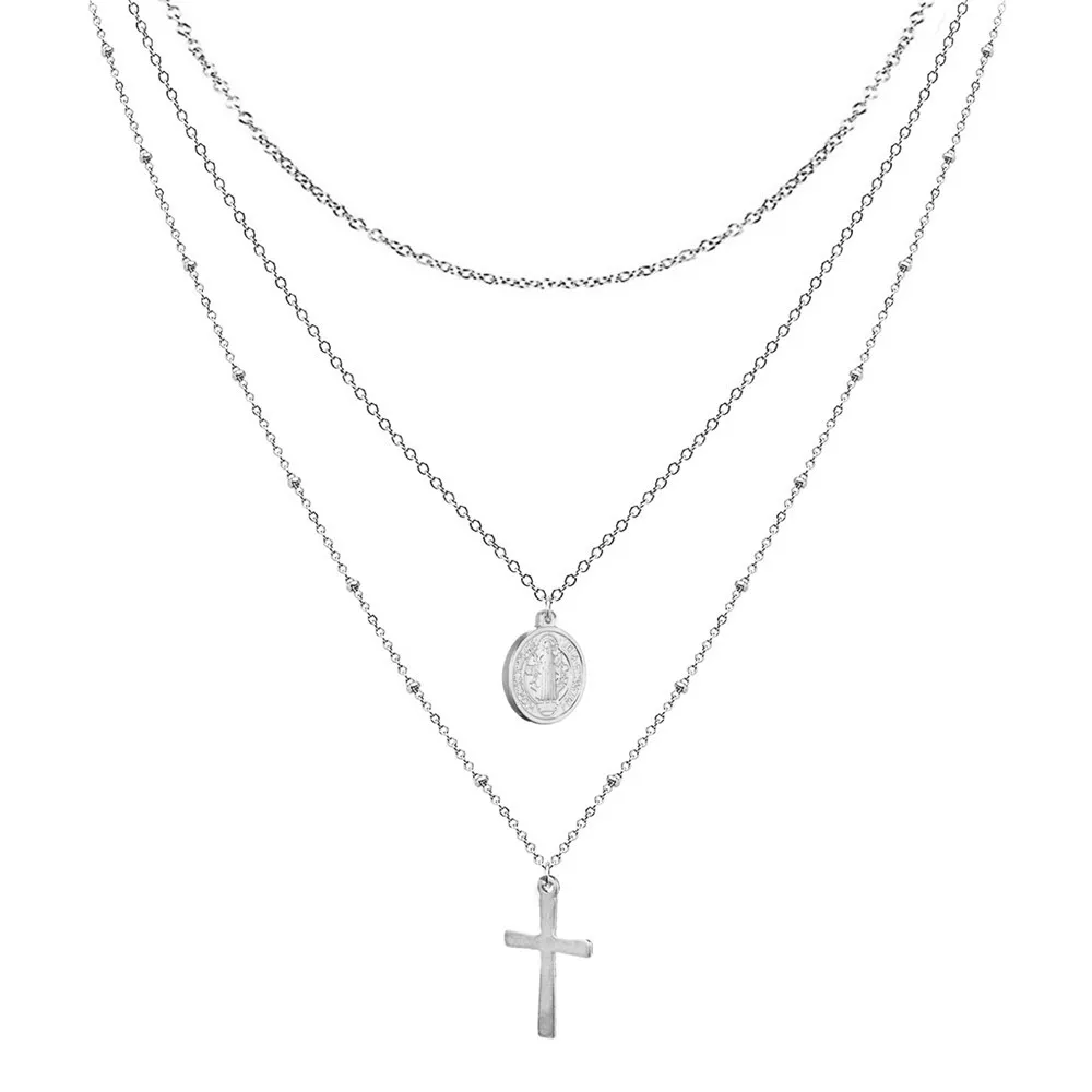 Religious Jewelry Gold Plated Multi Layered Necklace Dainty Stainless Steel Jesus Cross Pendant Necklace