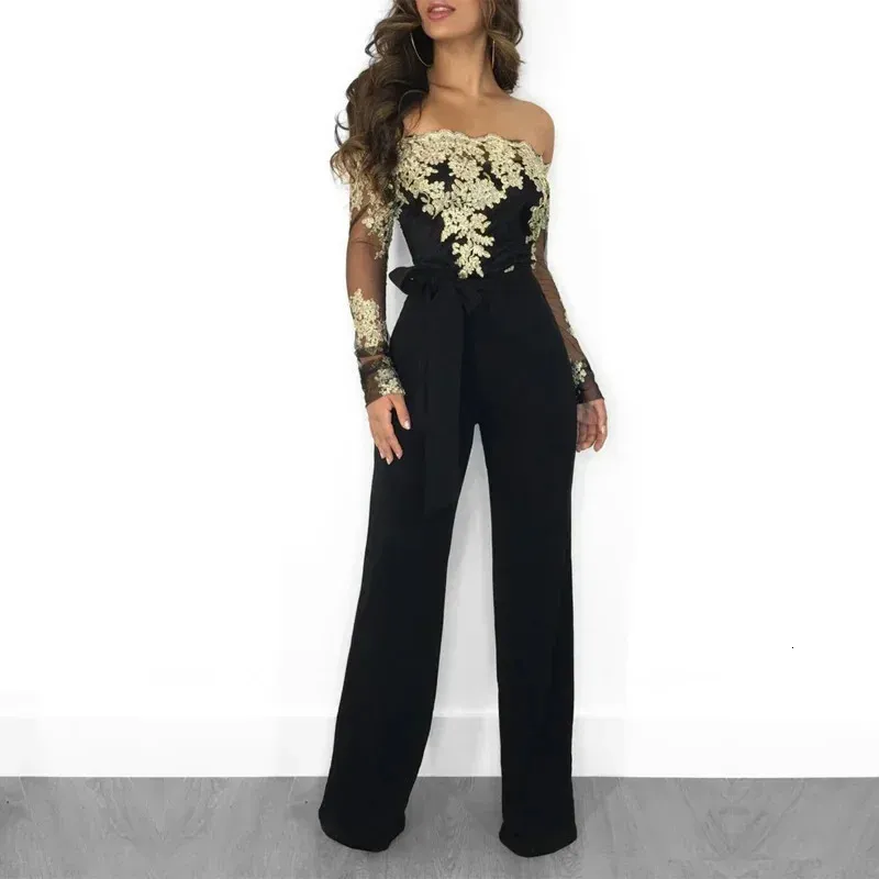 Appliques Lace Patchwork Jumpsuit Women Sexy Off Shoulder Slash Neck Long Sleeve Elegant Wide Leg Pants Party Overalls 240307