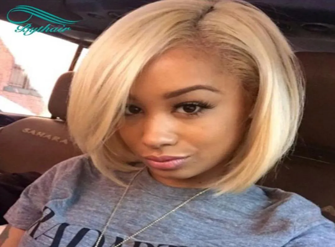 Pre Plucked 60 Blonde Color Short Bob Straight Full Lace Wigs Virgin Brasilian Hair Bleach Knop Knut Blond spets Front Wig With Baby 2120302