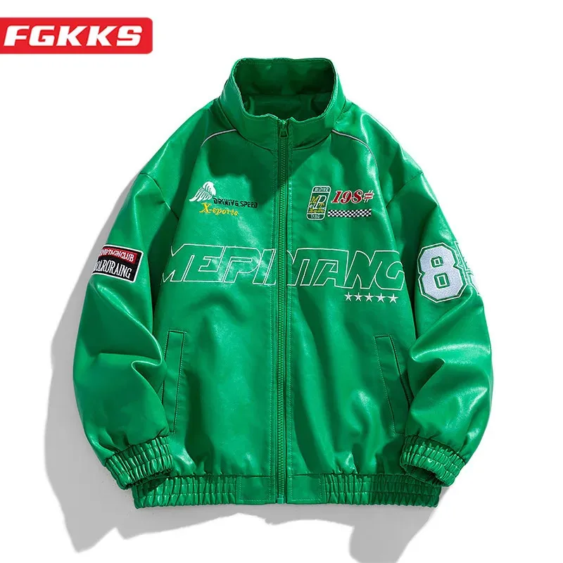 FGKKS Bomber Casual Jacke Für Männer Drucken Trend Mantel Hohe Qualität Design Junge Streetwear Leder Jacke Männlichen 240304