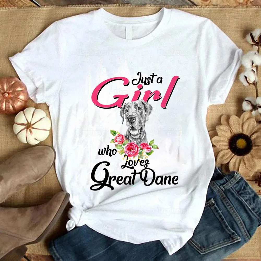 T-shirt Just A Girl Who Love Great Dane, 100% coton, esthétique, avec image d'animal de compagnie, pour les amoureux des chiens