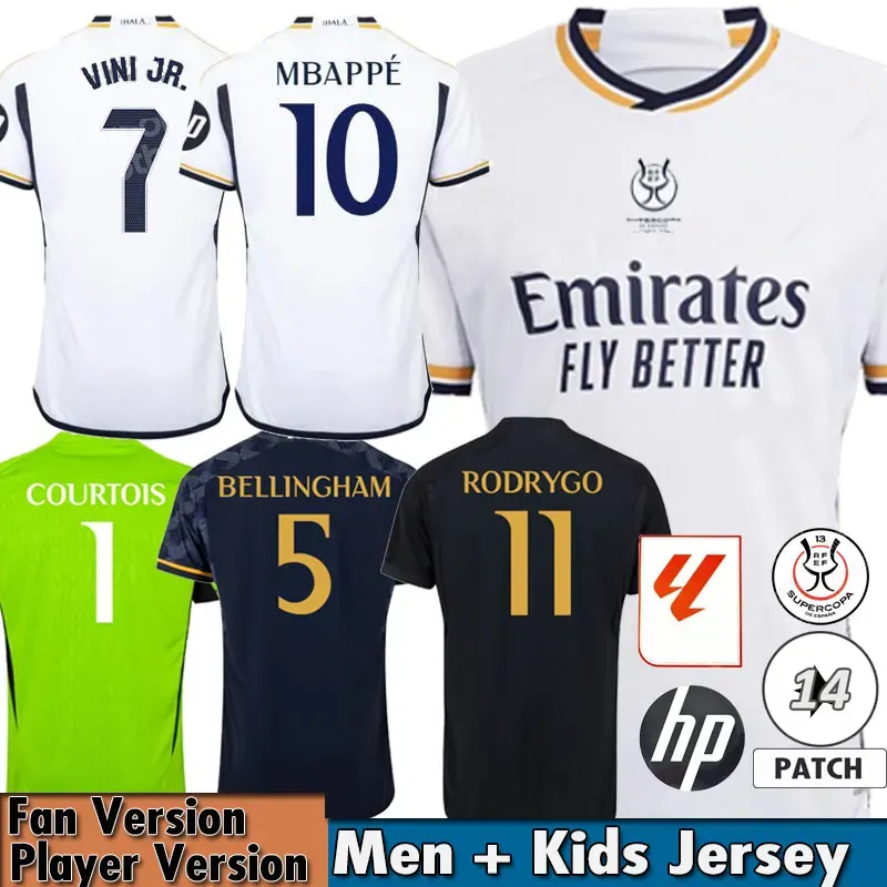 23/24 Bellingham Vini Jr Koszulki piłkarskie Realu Madryt Mbappe Wersja Player Wersja Mężczyzn Koszulka Pełna set Kit Kit Camiseta Home Away Trzecia 3. Rodrygo Valverde Joselu 3xl 4xl 4xl 4xl 4xl