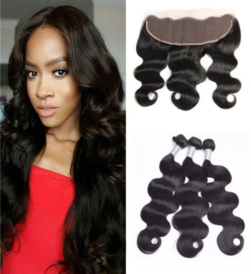 Braziliaanse Body Wave Menselijk haar weeft 3 bundels met 13x4 transparante kanten frontals, voorgeplukte natuurlijke haarlijn9508774