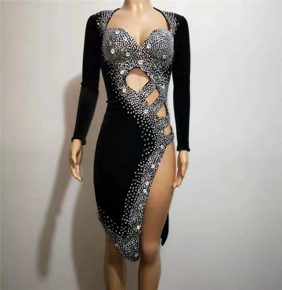 T39 Сексуальное женское черное полое платье со стразами, юбка на бедрах с кристаллами, эластичный наряд, костюм для латинских танцев, вечерняя одежда, вечерняя одежда dj p9618307