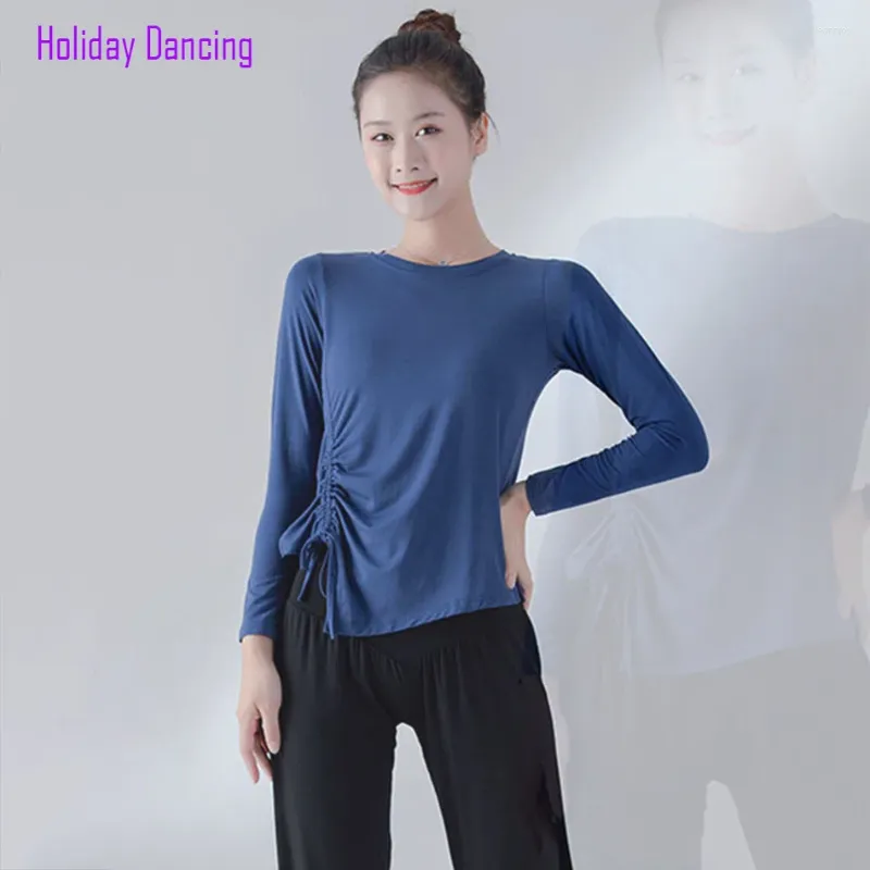 Stage Wear 2024 CM084 Female Latin Dance Tops Side Wrinkle Long Sleeve Women Practice Shirt For Ballroom Belly Dances Competition Cloth