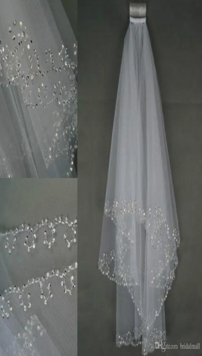 2019 en stock voiles de mariage cristaux 2 couches à la main bord croissant accessoires de mariée blanc et ivoire voiles de mariée perles avec Com7572156