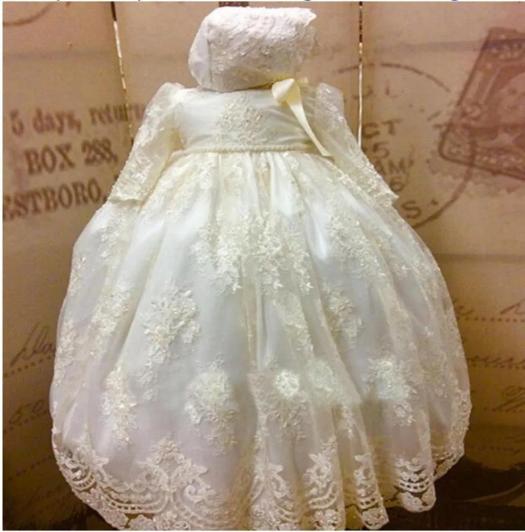 Classy 2018 Pearls Christening Gowns For Baby Girls Long Sleeve Lace Appliqued Baptism Dresses With Bonnet First Communication Dre2518470
