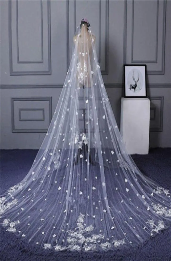 2019 voiles de mariage 3 m de longueur cathédrale pleine dentelle bord appliqué 1 T blanc ivoire Tulle voiles de mariée personnalisés 5112978