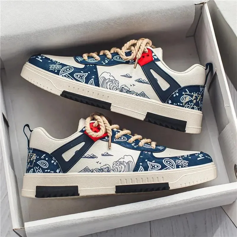 Men's Leather Casual Shoes: Stylish Spring/Summer Breathable Sneakers  Wave Flower Design, Trendy Sports Board Shoes Comfortable Walking Shoes