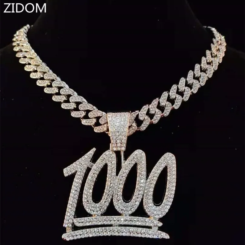 Homens hip hop 1000 número pingente colar com 13mm miami corrente cubana gelado para fora bling hiphop colares moda masculina jóias 309v