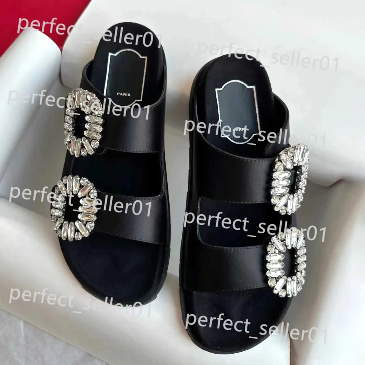 Slippers 2023 nieuwe Slidy Viv Flash diamant Slippers sandaal luxe Designer gesp dames zomer strand Casual Slide platform Schoen Zwart wit Platte hak rubber