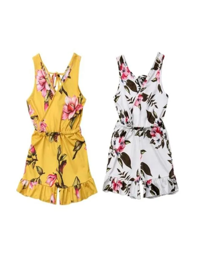 Jumpsuits Whole Kids Baby Girl Summer Floral Romper Dziewczyna dziewczyna na plaży Ubrania bez rękawów Kwiaty Vneck Jumpsuit 16y8634130