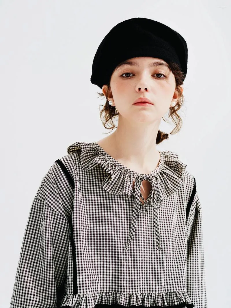 Kadınlar bluzları imakokoni orijinal tasarım Siyah ve beyaz ekose uzun kollu gömlek ile fırfırlı çizgili yakalı yaka up üst 234241