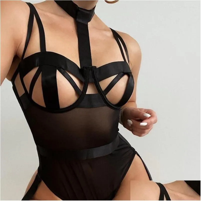 Conjunto sexy ver a través de lencería ropa de malla y conjunto damas halter body mujeres porno trajes de cuerpo ahueca hacia fuera adt erotique lingere drop dhdu1