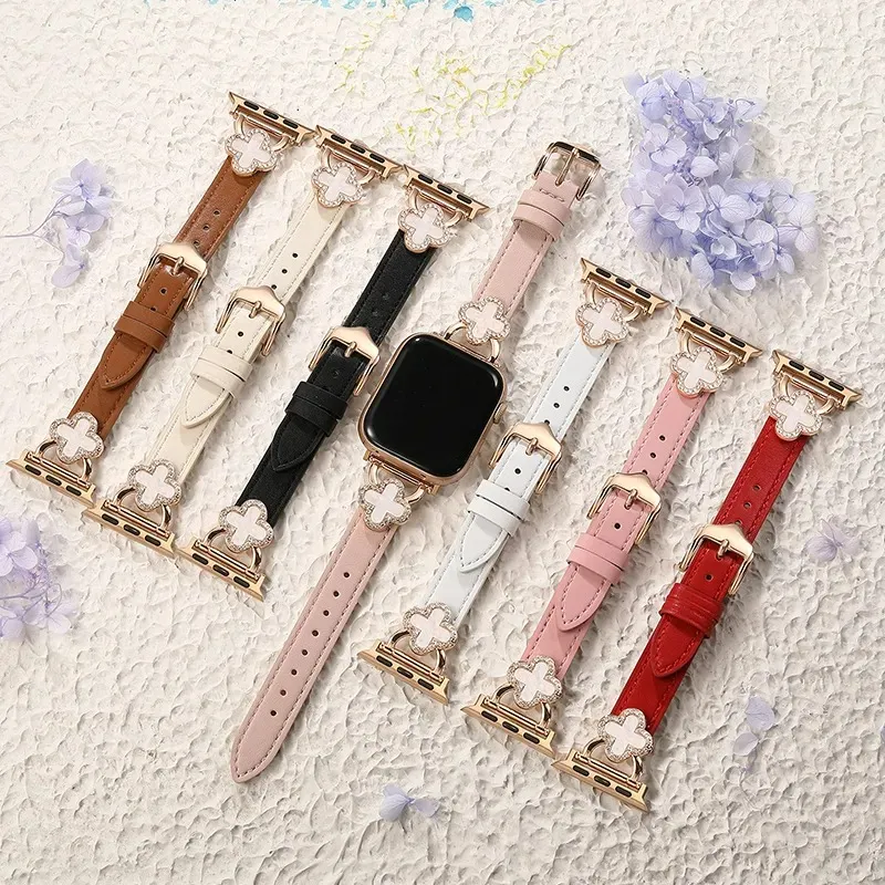 Apple Watch 밴드 디자이너 가죽 4 리프 클로버 스트랩 iwatch 밴드 38/40/41mm 42/44/45/49mm iwatch 밴드 시리즈 9 8 7 6 5 4 3 2 1 WatchBand