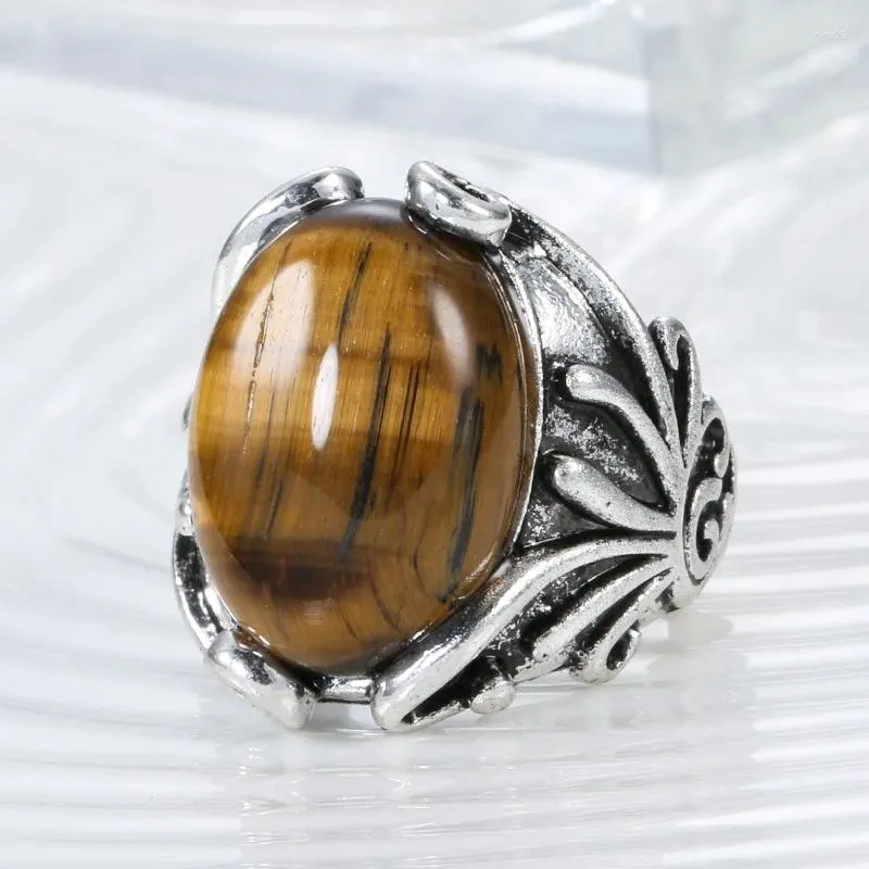 Cluster Rings Antiques Silver Plated Natural Tiger Eye Stone Ring Men Vintage Finger Wedding Band Juiversary Collection Jewelry