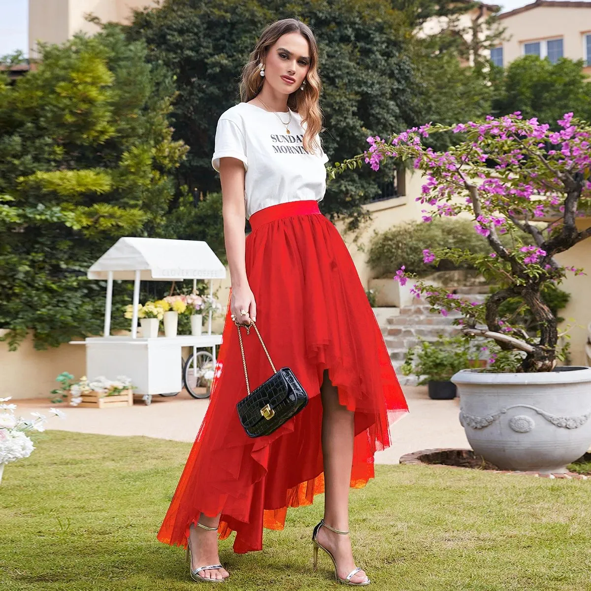 High Low Tulle maxi skirt with Iered Ruffles and