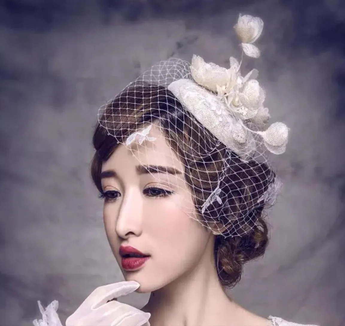 العروس حجاب المشط Blusher Birdcage Tulle Ivory Champagne Flowers Feather Feather Bridal Wedder S Hat Grat 1991532