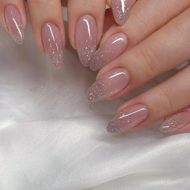 Блестящие розовые накладные ногти Нажмите на короткие французские наборы с блестками, милый дизайн ногтей, многоразовые накладные ногти, акриловые кончики с полным покрытием и клеем 240306