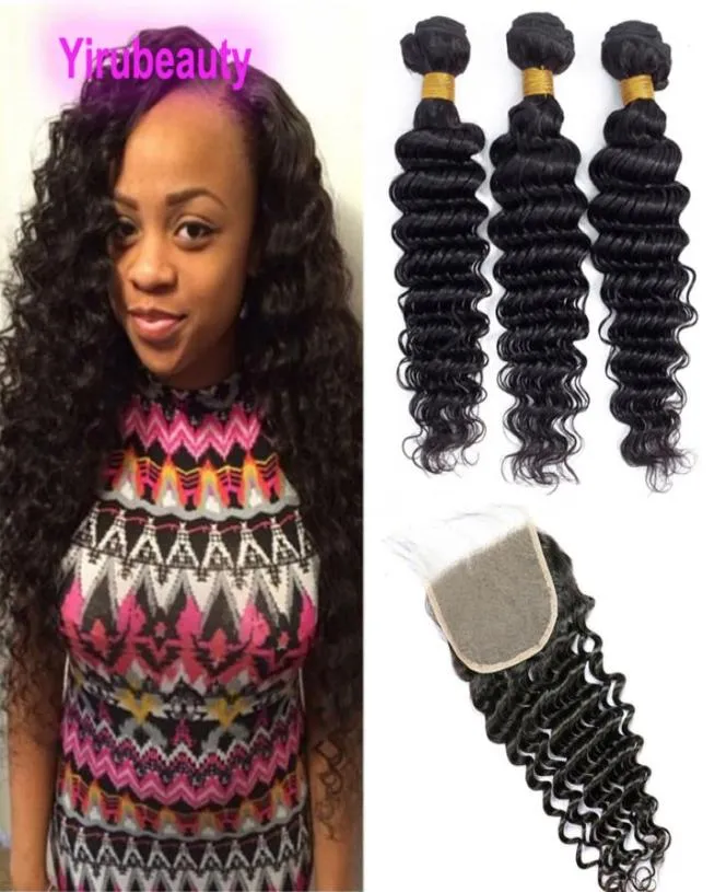 Malaysian Human Hair 5x5 Closure With 3 Bundles Deep Wave Lace Closures Baby Hairs With Bundles Double Wefts 4PCS Natural Color5482599