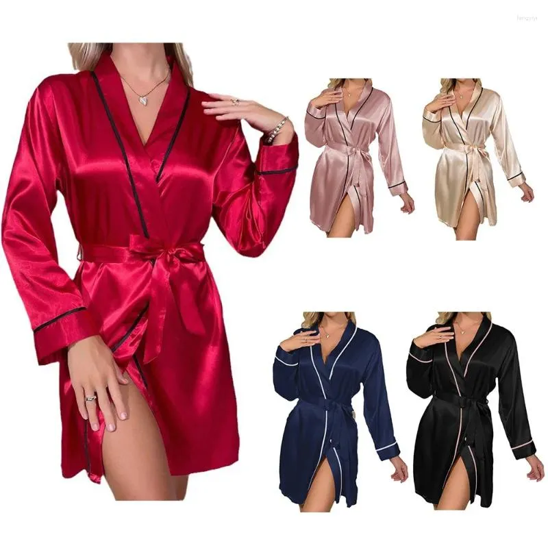 Mulheres sleepwear mulheres v-pescoço seda robe cinto curto cetim quimono manga longa roupão de dama de honra festa de casamento vestido